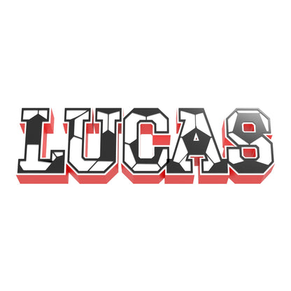 Custom soccer stitch name sign LUCAS with black soccer ball panels on a red base