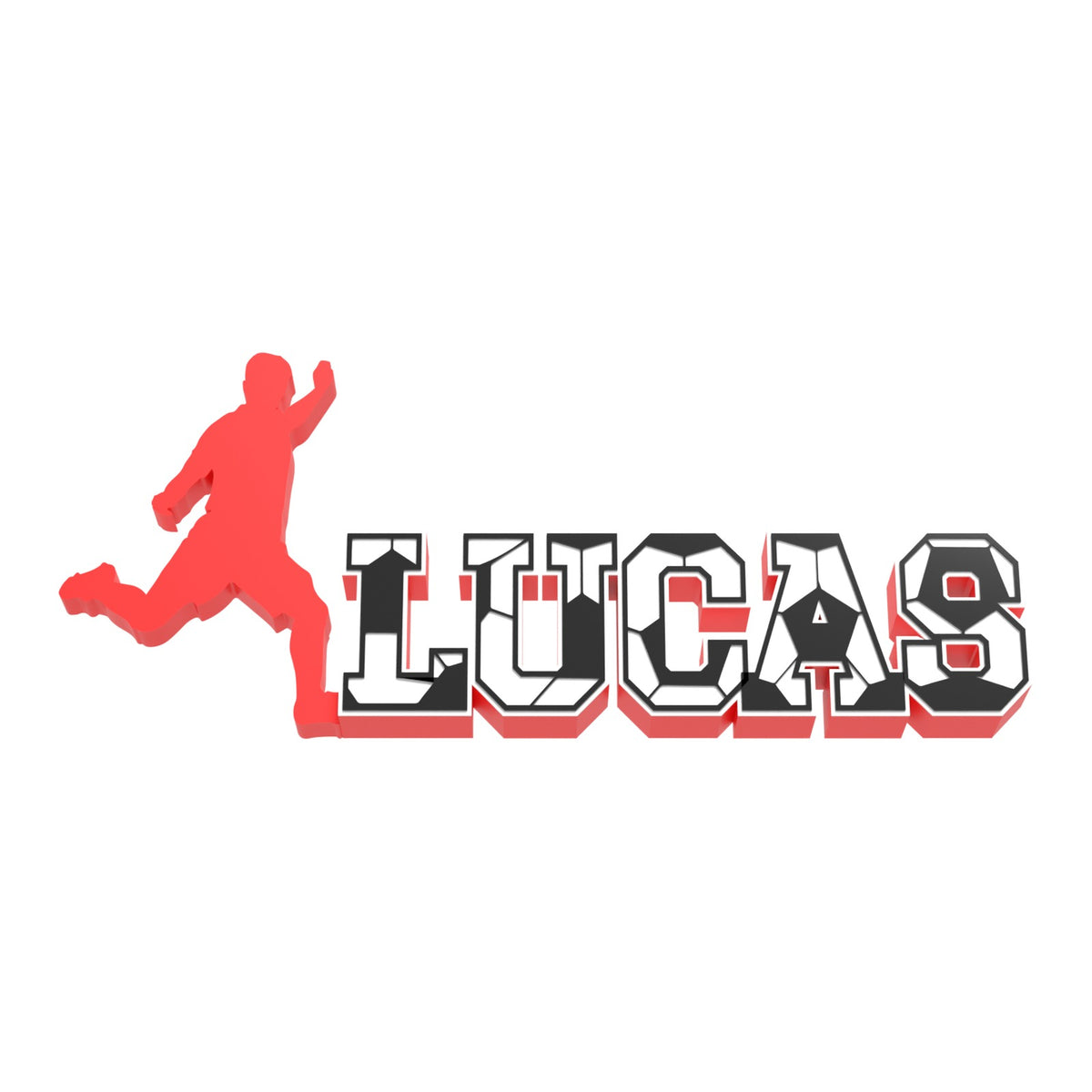 Custom soccer stitch name sign LUCAS with a red base and a red soccer player silhouette