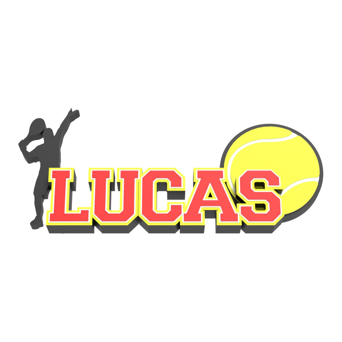 Custom tennis player name sign LUCAS in red with a tennis player serving silhouette and a yellow tennis ball, 3D printed