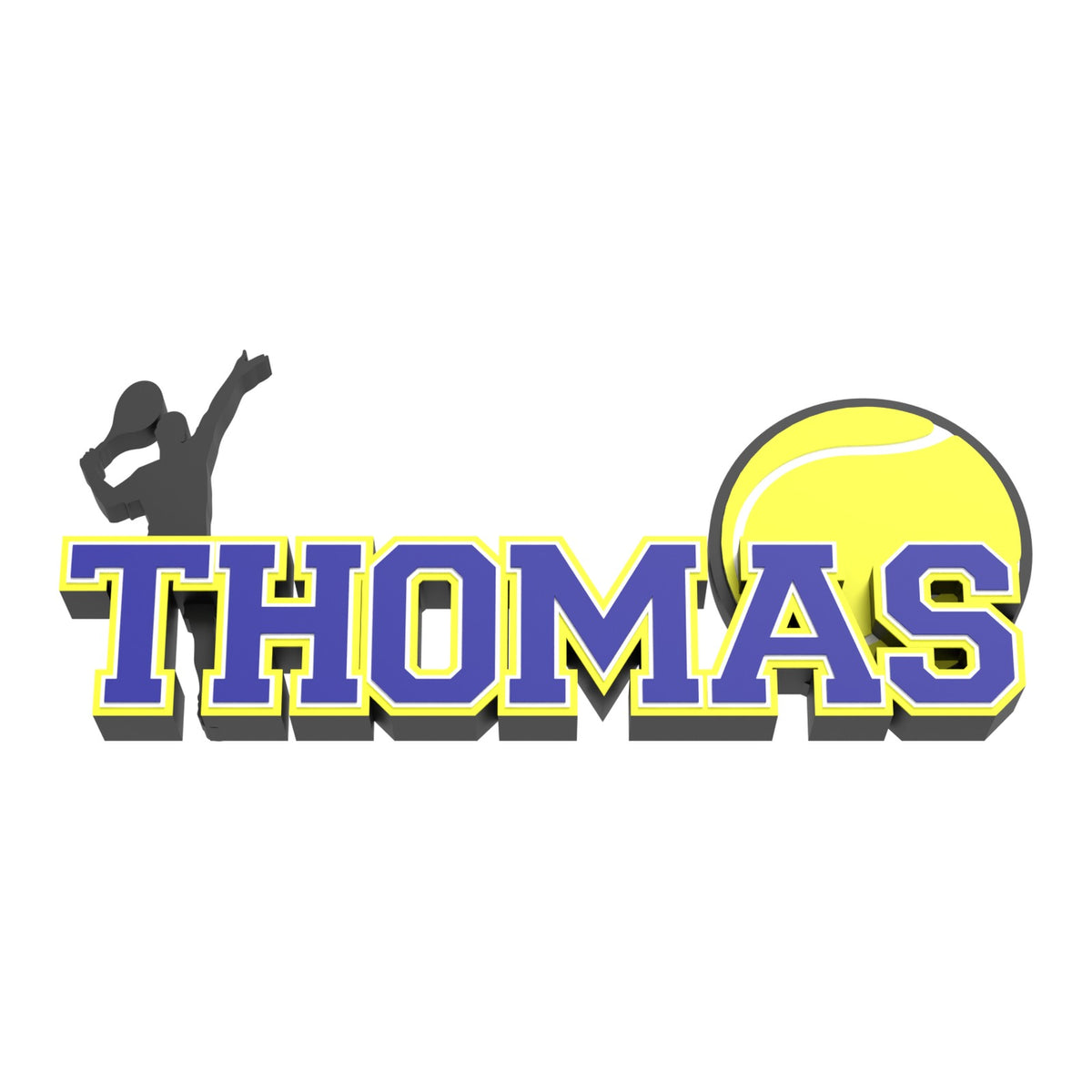 Personalized tennis nameplate THOMAS in navy varsity letters with a tennis player serving silhouette and a tennis ball