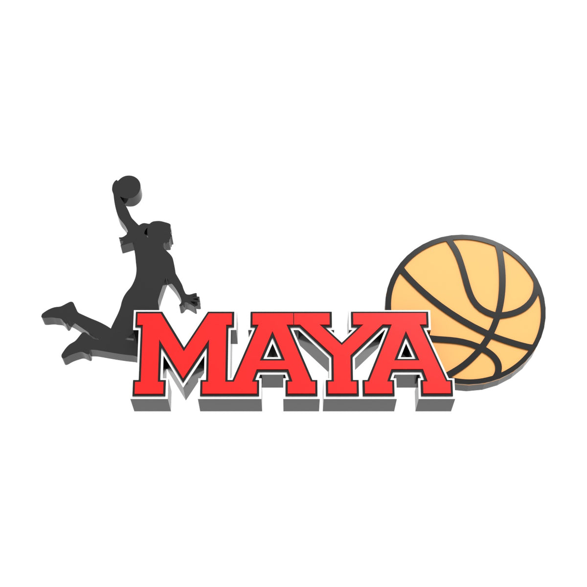 Girls basketball nameplate "MAYA" in red with female player silhouette and basketball