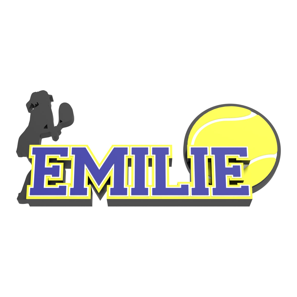 Personalized women's tennis nameplate EMILIE in navy varsity letters with a female tennis player silhouette and a tennis ball