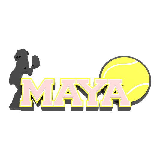 Custom tennis player name sign MAYA in pink with a female tennis player silhouette and a yellow tennis ball, 3D printed