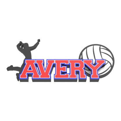 Custom volleyball player name sign AVERY in red, white and blue with a spiking girl silhouette and a volleyball, 3D printed
