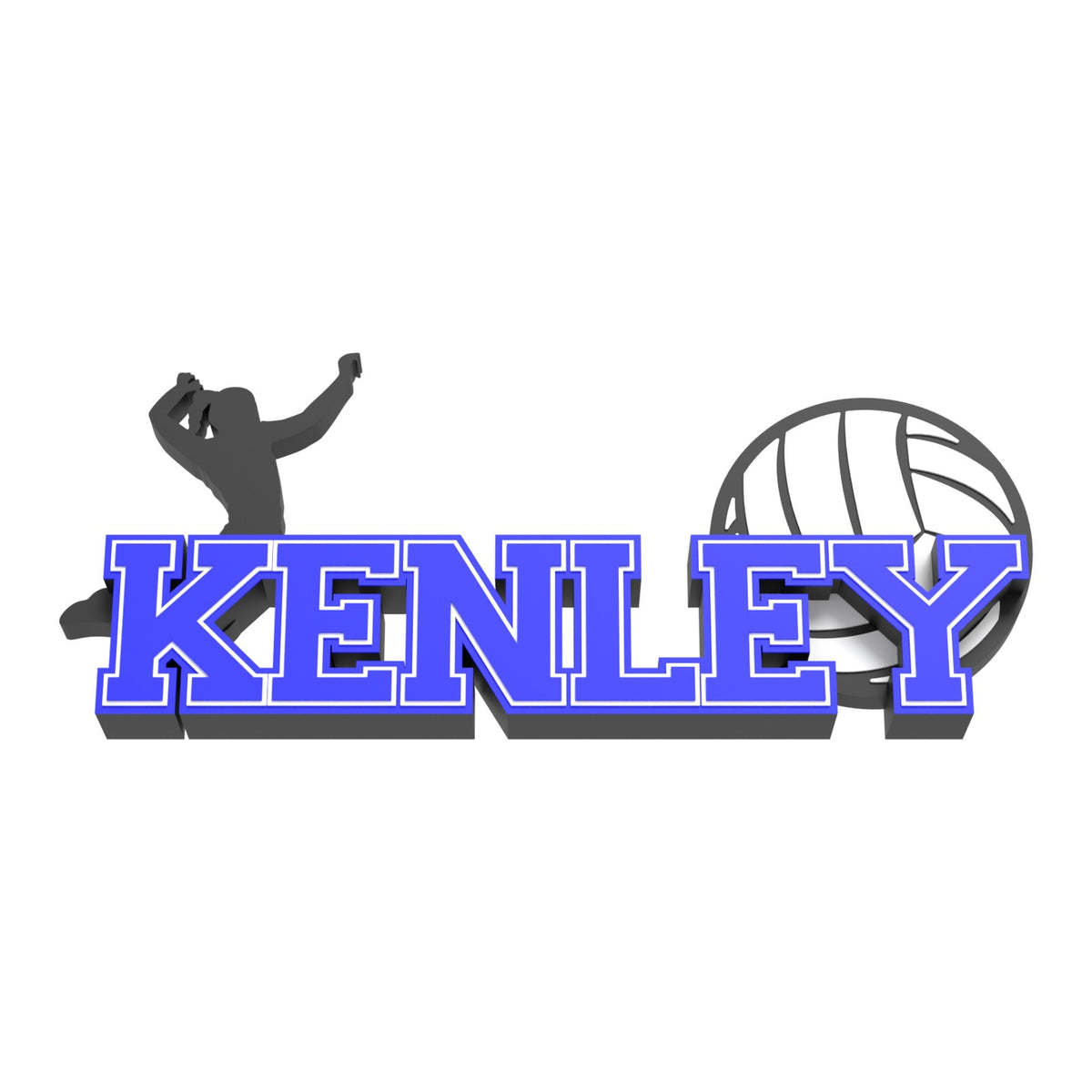 Personalized women's volleyball nameplate KENLEY in blue varsity letters with a female volleyball player silhouette and a volleyball