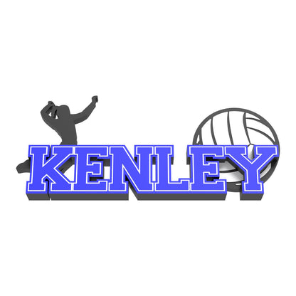 Personalized women's volleyball nameplate KENLEY in blue varsity letters with a female volleyball player silhouette and a volleyball