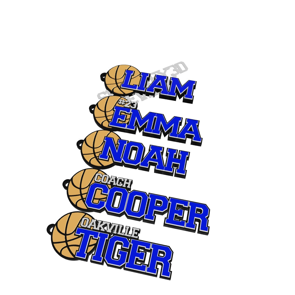 Interactive 3D model of a personalized basketball bag tag with player name