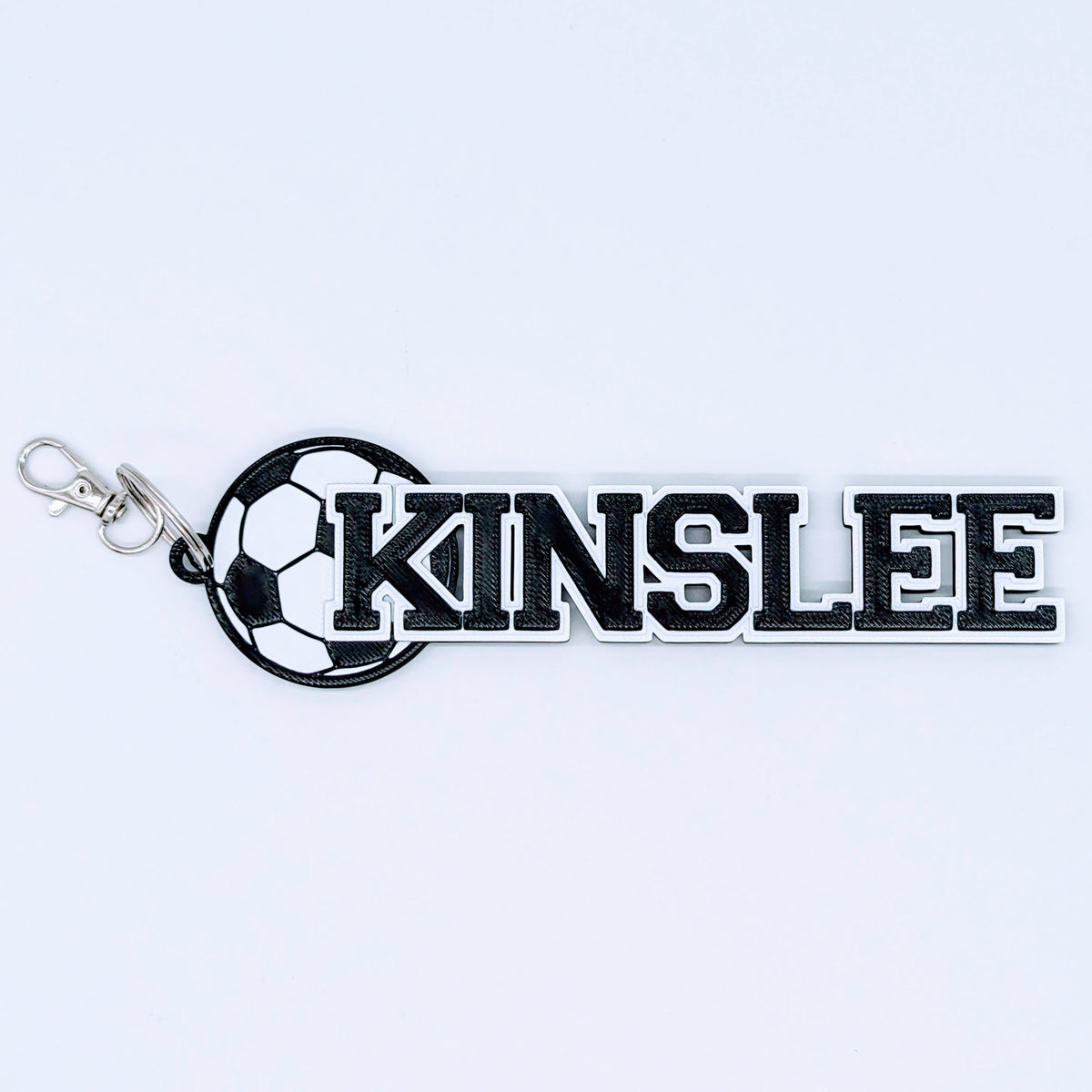 Soccer bag tag "KINSLEE" in black and white