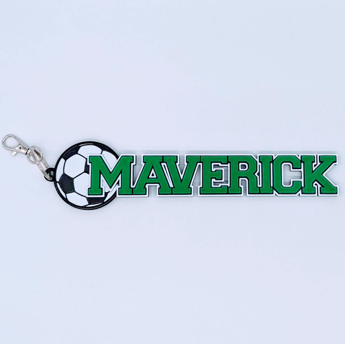 Soccer bag tag "MAVERICK" in green and white
