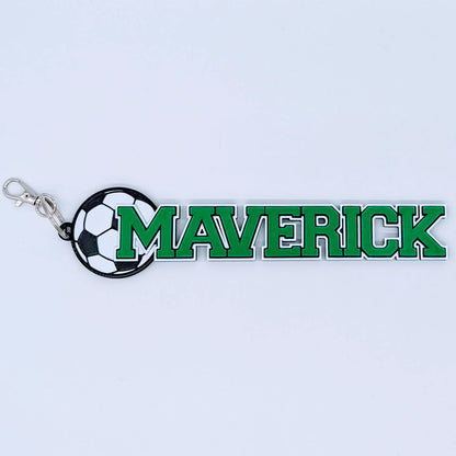 Soccer bag tag "MAVERICK" in green and white