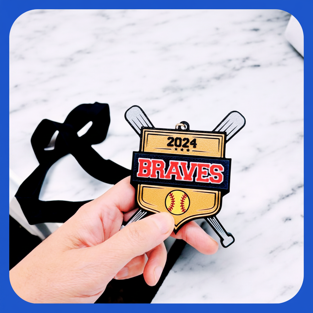 Softball team medal with yellow ball and silver bat accents