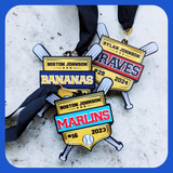 Three custom team medals with gold shields and crossed bats on black ribbons