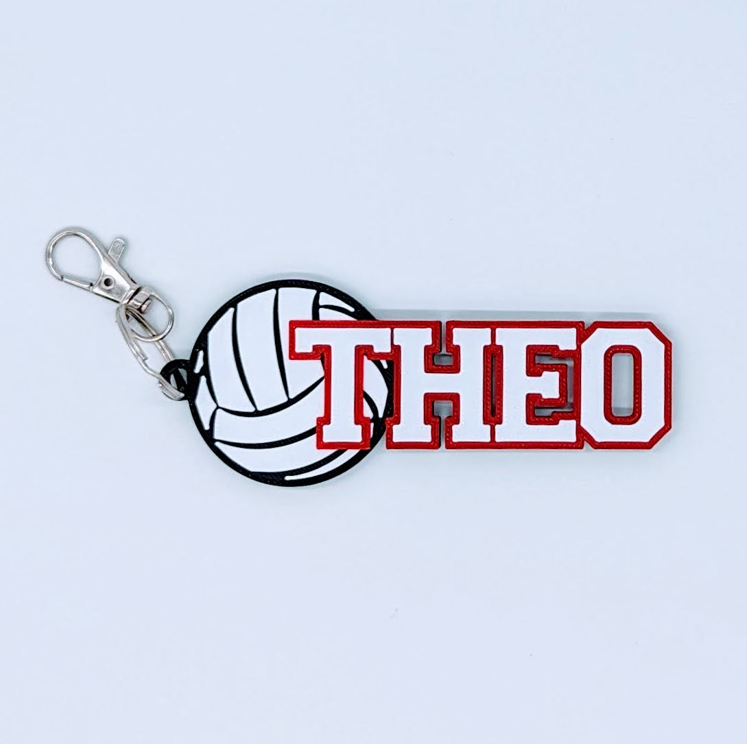 Volleyball bag tag "THEO" in white and red with metal clip
