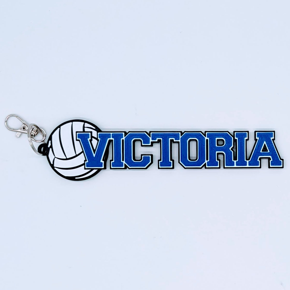 Volleyball bag tag "VICTORIA" in royal blue, white and black