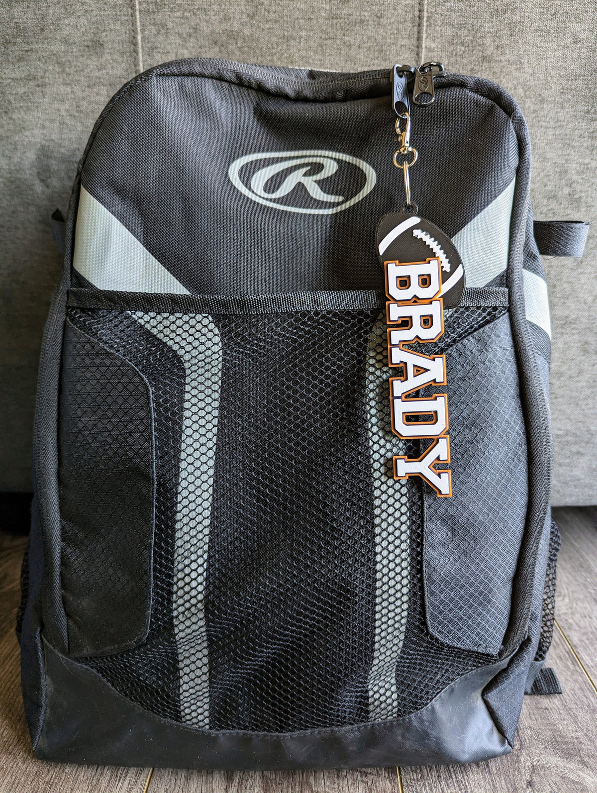 Personalized football bag tag with name and number